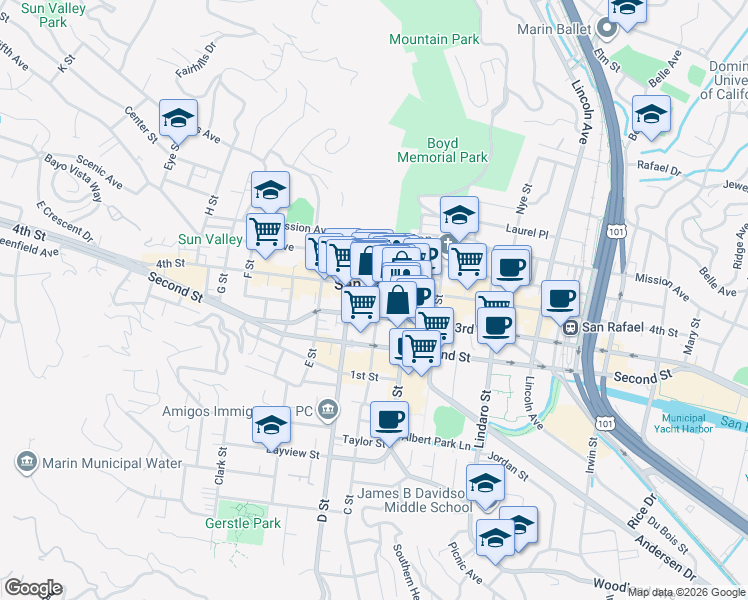 map of restaurants, bars, coffee shops, grocery stores, and more near 900 C Street in San Rafael
