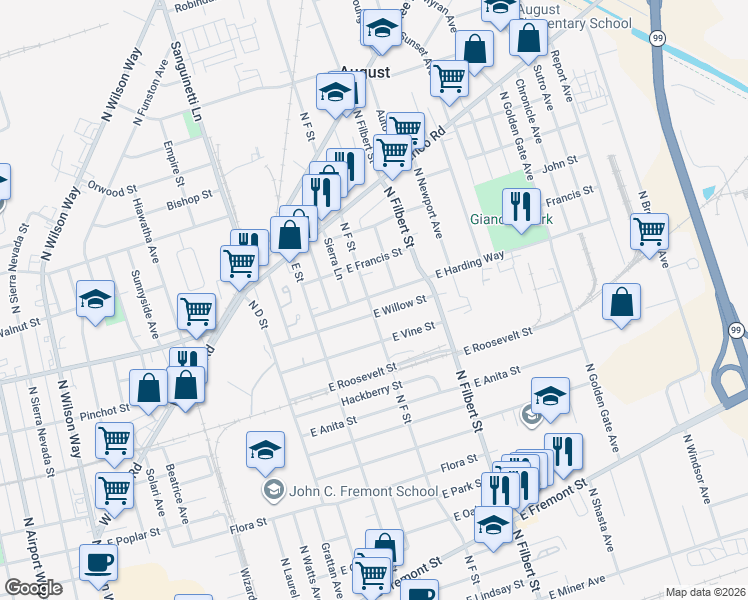 map of restaurants, bars, coffee shops, grocery stores, and more near 2422 East Willow Street in Stockton