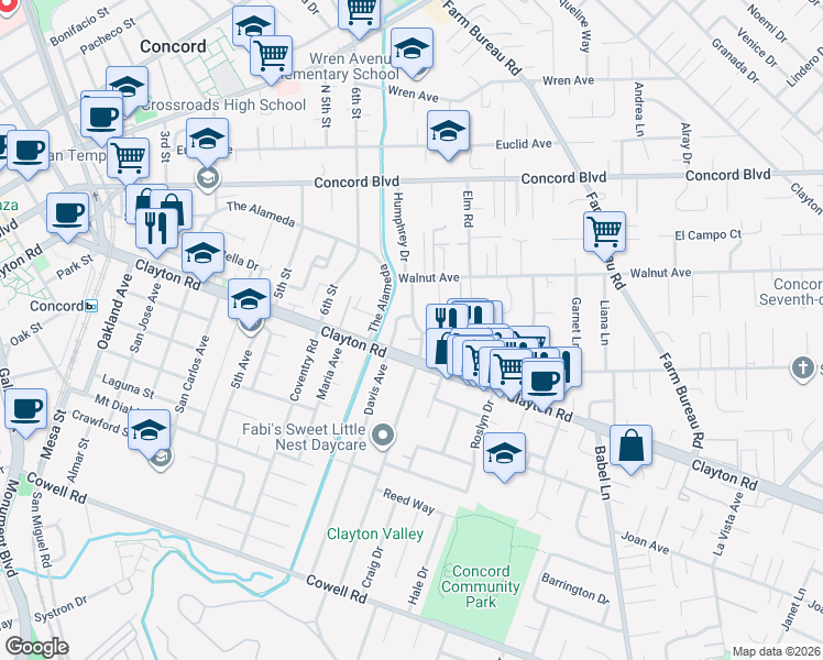 map of restaurants, bars, coffee shops, grocery stores, and more near 1515 Grove Way in Concord