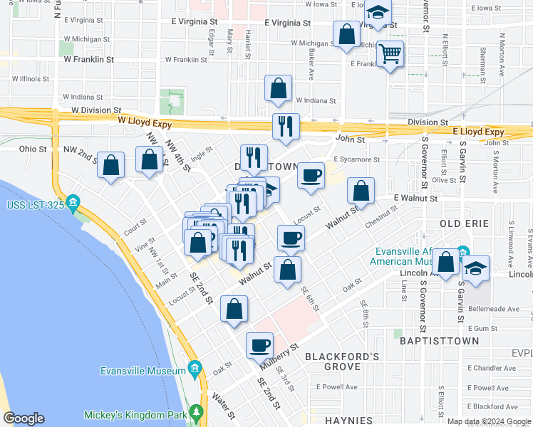 map of restaurants, bars, coffee shops, grocery stores, and more near 610 Main Street in Evansville
