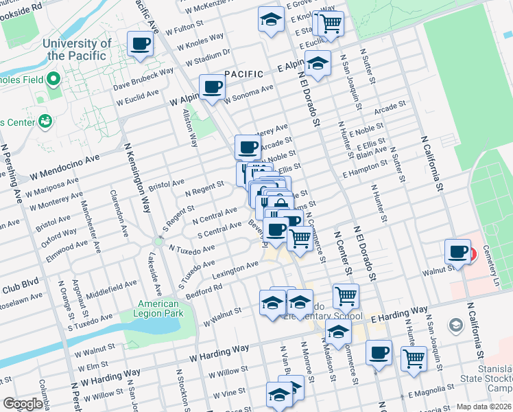 map of restaurants, bars, coffee shops, grocery stores, and more near 232 Central Court in Stockton