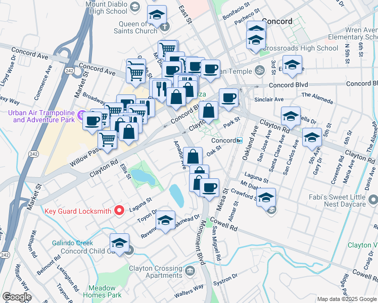 map of restaurants, bars, coffee shops, grocery stores, and more near 1700 Amador Avenue in Concord