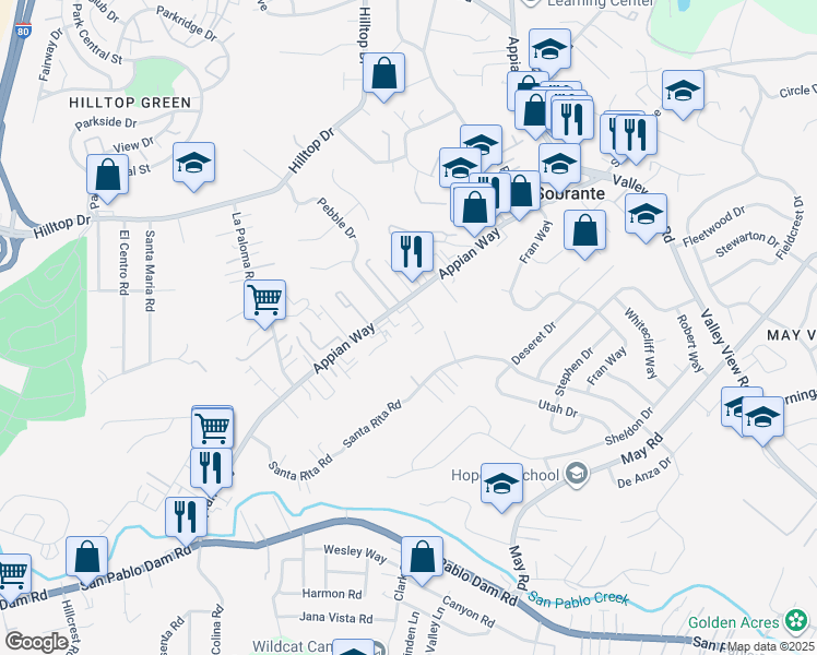 map of restaurants, bars, coffee shops, grocery stores, and more near 4744 Appian Way in El Sobrante