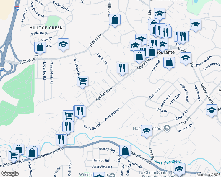 map of restaurants, bars, coffee shops, grocery stores, and more near in El Sobrante