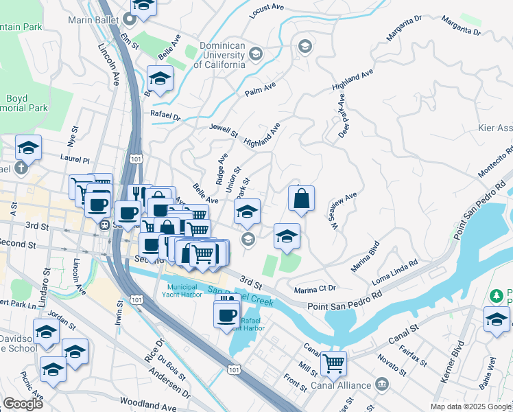 map of restaurants, bars, coffee shops, grocery stores, and more near 6 Valencia Avenue in San Rafael