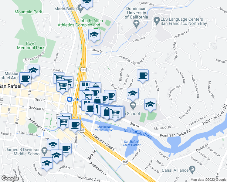map of restaurants, bars, coffee shops, grocery stores, and more near 50 Mary Street in San Rafael
