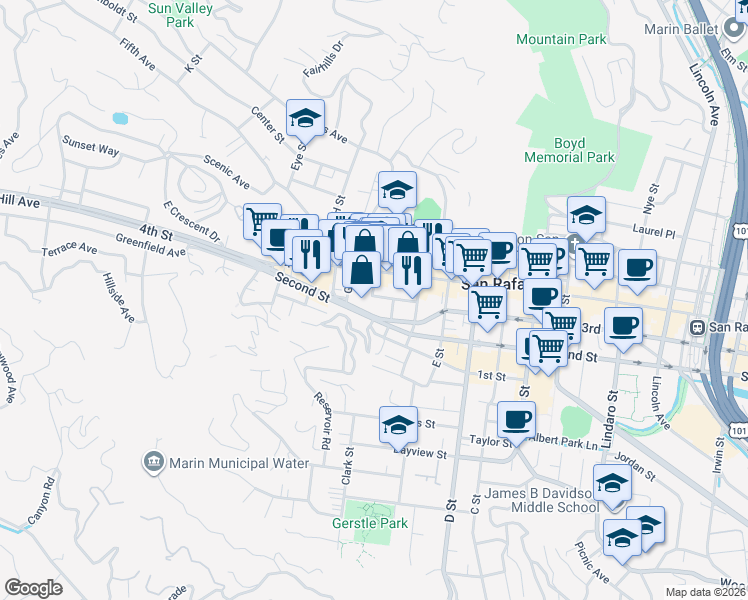 map of restaurants, bars, coffee shops, grocery stores, and more near 1618 Second Street in San Rafael