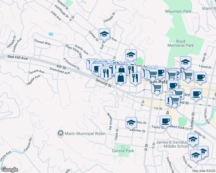 map of restaurants, bars, coffee shops, grocery stores, and more near 15 Jessup Street in San Rafael