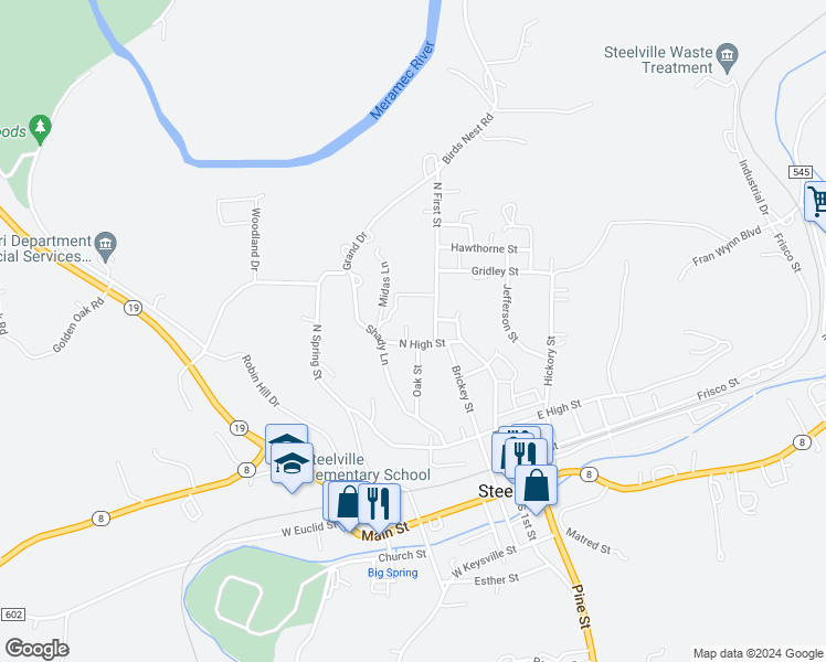 map of restaurants, bars, coffee shops, grocery stores, and more near 234 Oak Street in Steelville