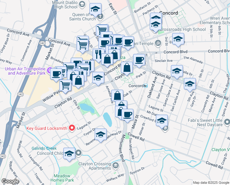 map of restaurants, bars, coffee shops, grocery stores, and more near 1555 Galindo Street in Concord