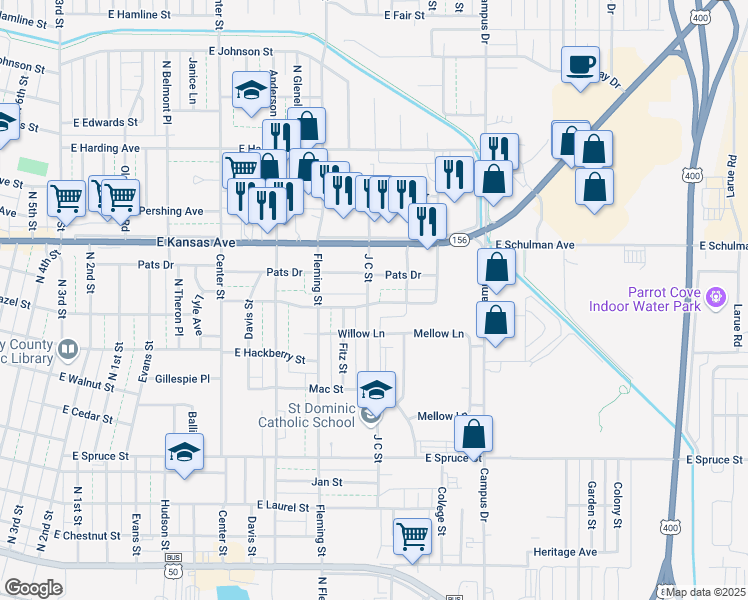 map of restaurants, bars, coffee shops, grocery stores, and more near 1002 J C Street in Garden City