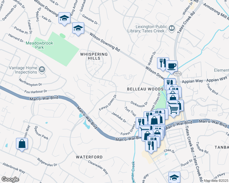 map of restaurants, bars, coffee shops, grocery stores, and more near 3831 Belleau Wood Drive in Lexington