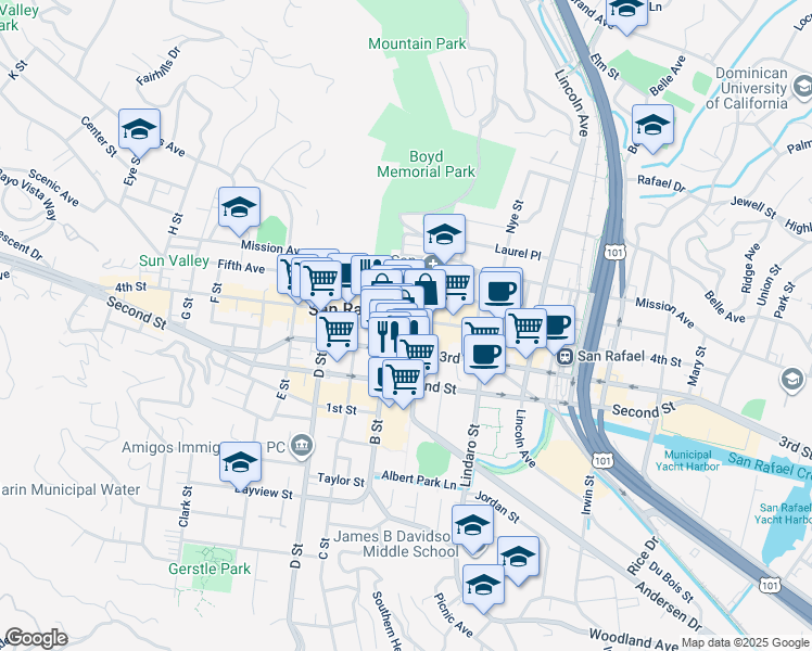 map of restaurants, bars, coffee shops, grocery stores, and more near 1121 4th Street in San Rafael