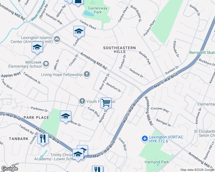 map of restaurants, bars, coffee shops, grocery stores, and more near 1544 Bal Harbor Court in Lexington