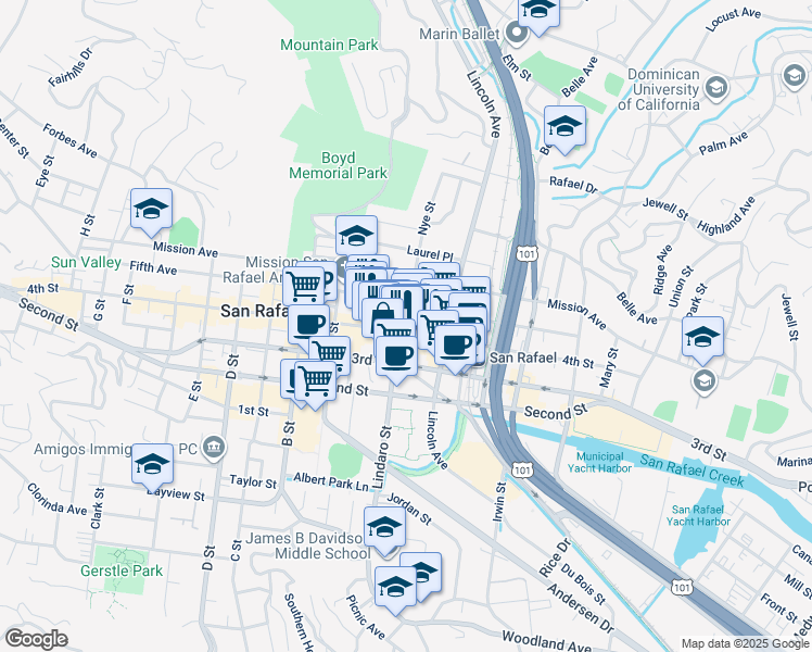 map of restaurants, bars, coffee shops, grocery stores, and more near 891 Commercial Place in San Rafael