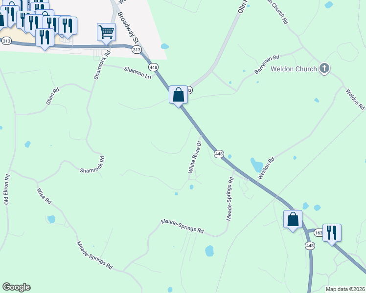 map of restaurants, bars, coffee shops, grocery stores, and more near Rambling Ridge Road in Meade County