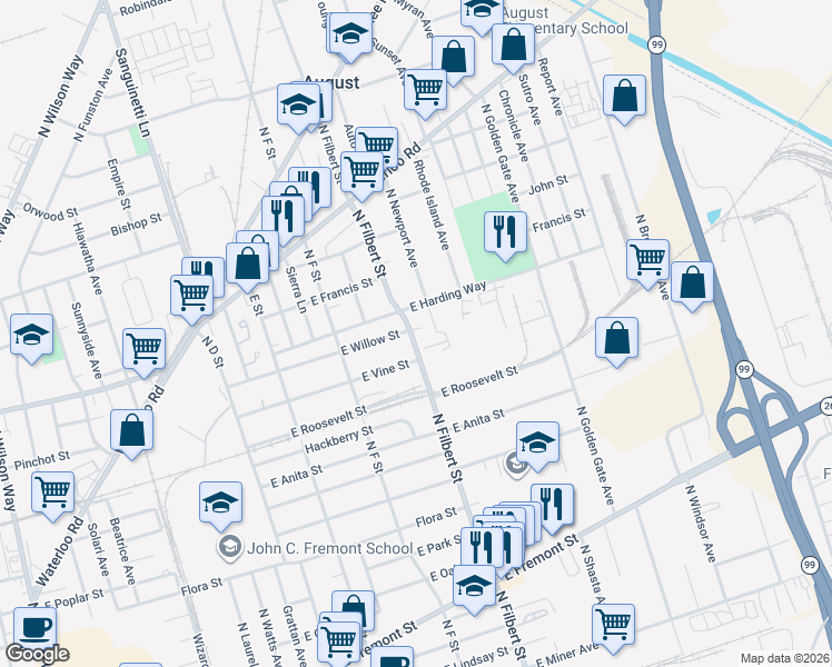 map of restaurants, bars, coffee shops, grocery stores, and more near 1302 North Filbert Street in Stockton