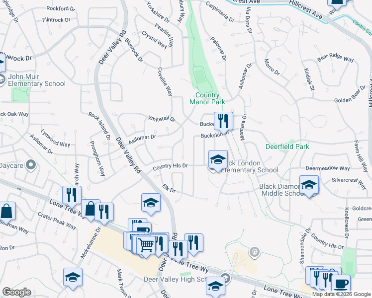 map of restaurants, bars, coffee shops, grocery stores, and more near 2613 Whitetail Court in Antioch