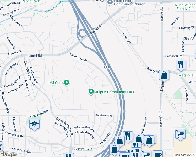 map of restaurants, bars, coffee shops, grocery stores, and more near 5498 Monte Vista Way in Antioch