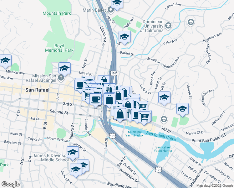 map of restaurants, bars, coffee shops, grocery stores, and more near 1012 Irwin Street in San Rafael