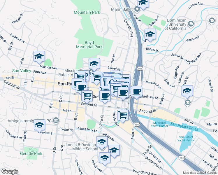 map of restaurants, bars, coffee shops, grocery stores, and more near 823 4th Street in San Rafael