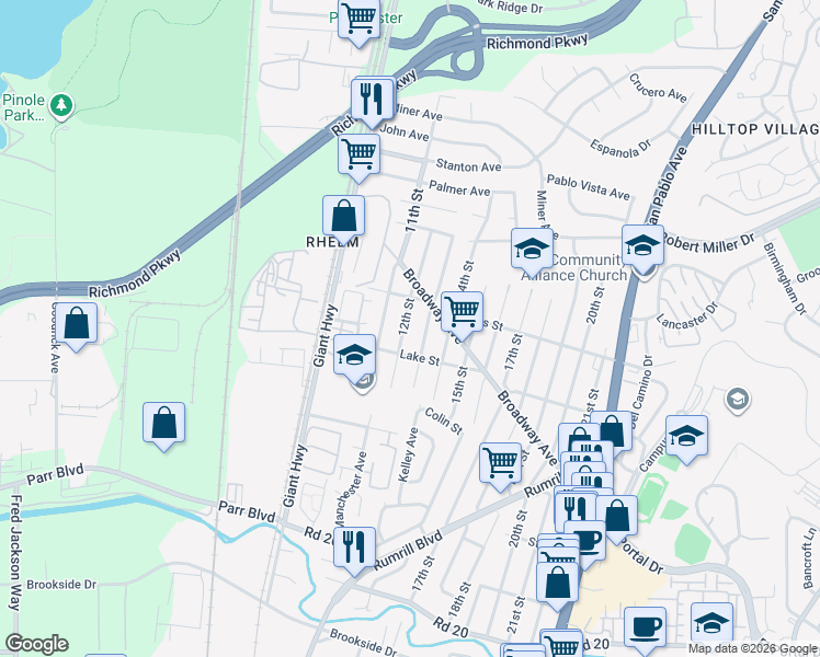 map of restaurants, bars, coffee shops, grocery stores, and more near 2805 12th Street in San Pablo