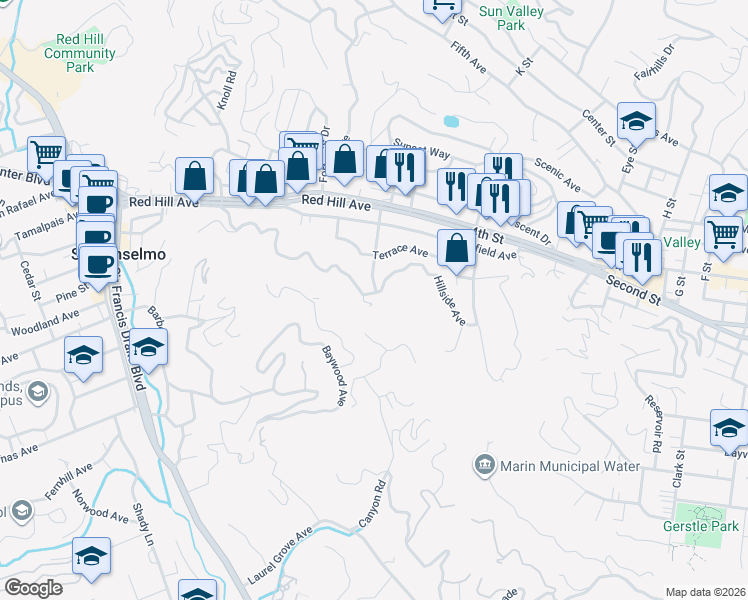 map of restaurants, bars, coffee shops, grocery stores, and more near 210 Ross Valley Drive in San Rafael