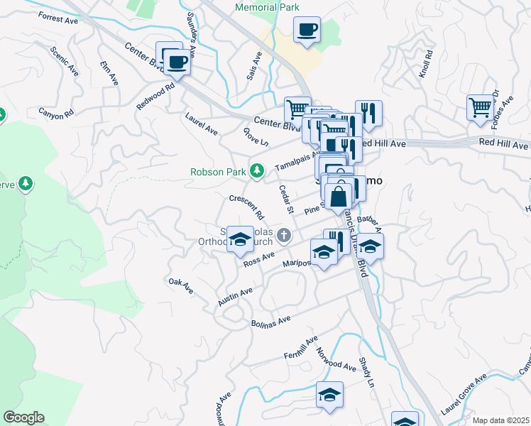 map of restaurants, bars, coffee shops, grocery stores, and more near 285 Crescent Road in San Anselmo