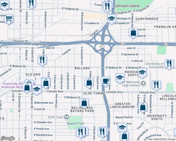 map of restaurants, bars, coffee shops, grocery stores, and more near 424 South New York Avenue in Evansville