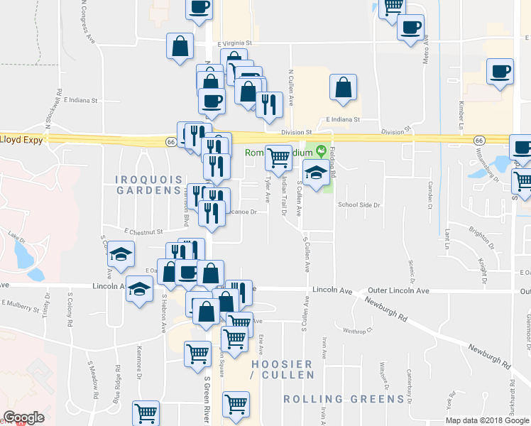map of restaurants, bars, coffee shops, grocery stores, and more near 5085 Tippecanoe Drive in Evansville