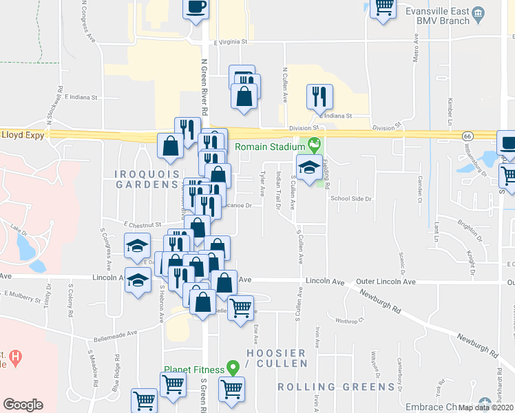 map of restaurants, bars, coffee shops, grocery stores, and more near 5073 Tippecanoe Drive in Evansville