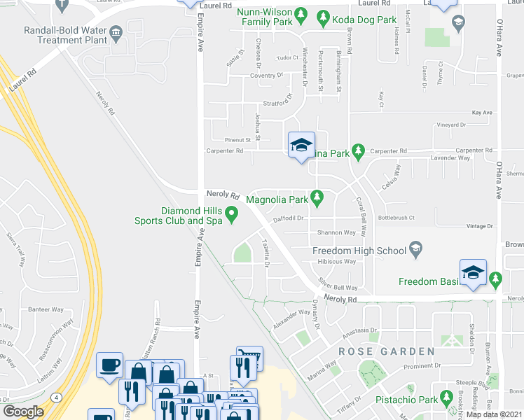 map of restaurants, bars, coffee shops, grocery stores, and more near 50 Safflower Court in Oakley