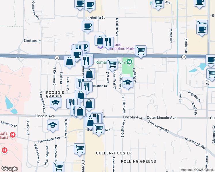 map of restaurants, bars, coffee shops, grocery stores, and more near 5093 Tippecanoe Drive in Evansville