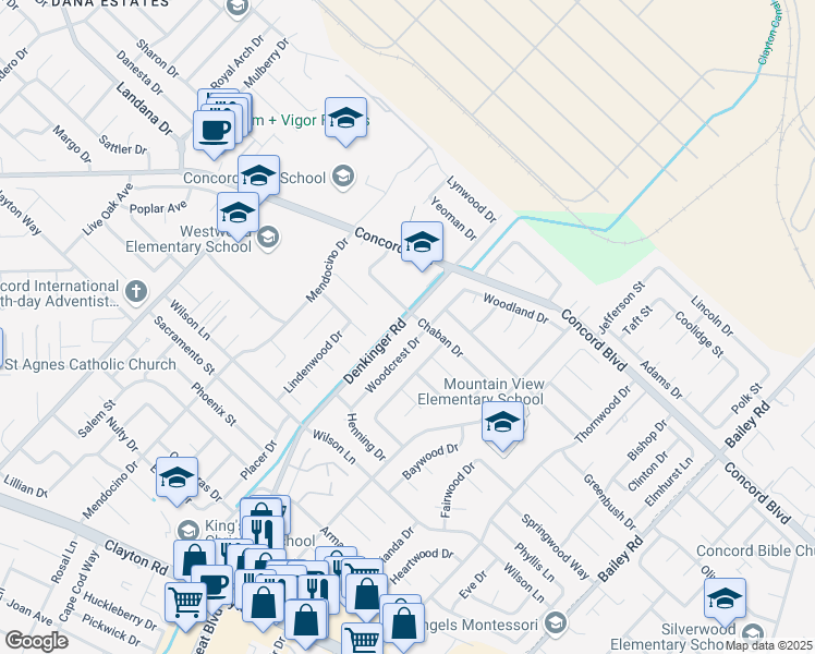 map of restaurants, bars, coffee shops, grocery stores, and more near 1760 Denkinger Road in Concord