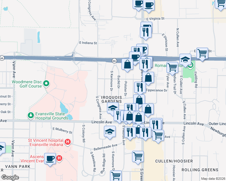 map of restaurants, bars, coffee shops, grocery stores, and more near 308 South Kenmore Drive in Evansville