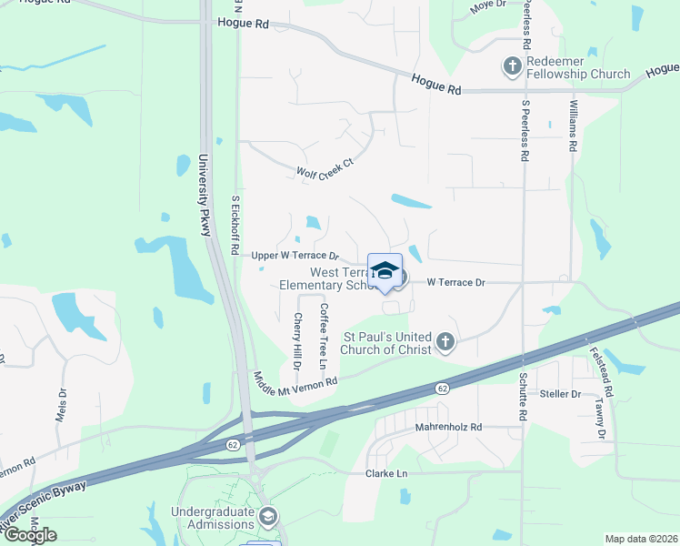 map of restaurants, bars, coffee shops, grocery stores, and more near 8200 West Terrace Drive in Evansville