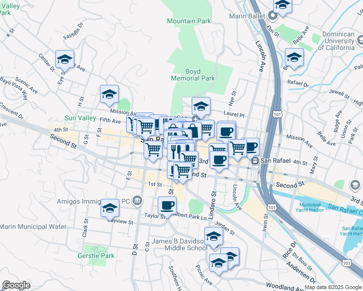 map of restaurants, bars, coffee shops, grocery stores, and more near 1135 4th Street in San Rafael