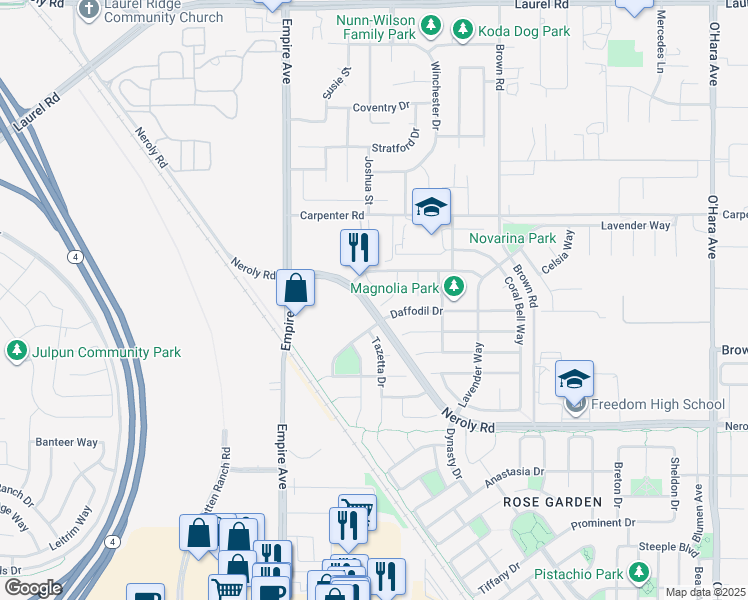 map of restaurants, bars, coffee shops, grocery stores, and more near 50 Safflower Court in Oakley