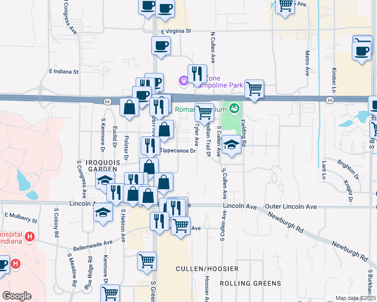 map of restaurants, bars, coffee shops, grocery stores, and more near 5037 Tippecanoe Drive in Evansville