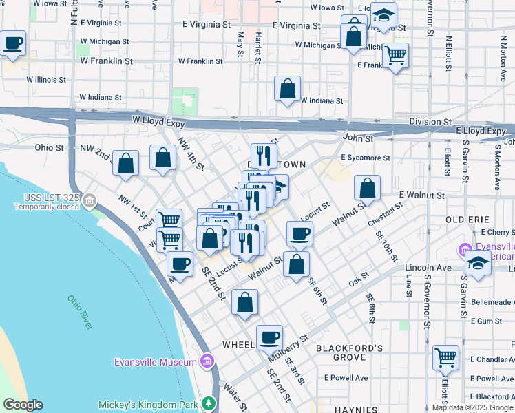 map of restaurants, bars, coffee shops, grocery stores, and more near 7 Northwest 5th Street in Evansville