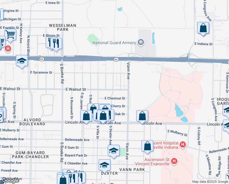 map of restaurants, bars, coffee shops, grocery stores, and more near 402 South Dexter Avenue in Evansville