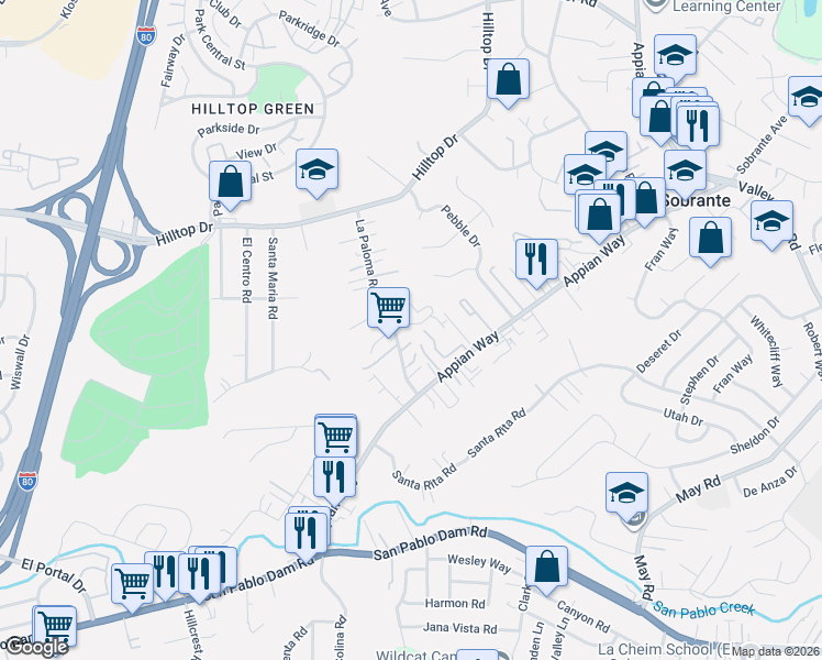 map of restaurants, bars, coffee shops, grocery stores, and more near 508 Chabre Court in El Sobrante