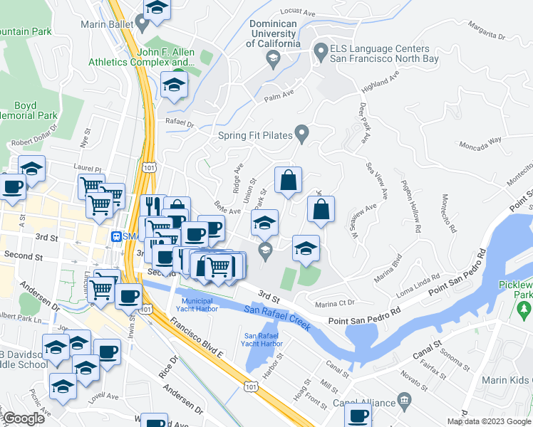 map of restaurants, bars, coffee shops, grocery stores, and more near 232 Belle Avenue in San Rafael