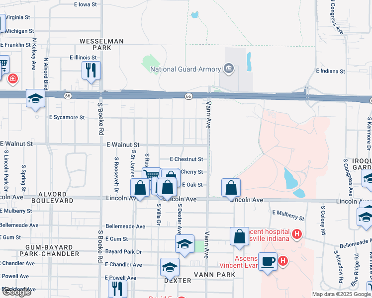 map of restaurants, bars, coffee shops, grocery stores, and more near 402 South Dexter Avenue in Evansville