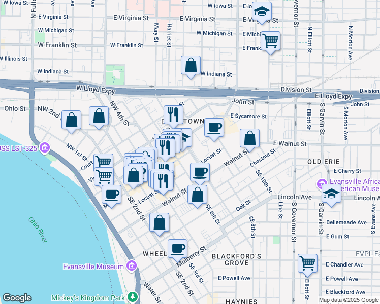 map of restaurants, bars, coffee shops, grocery stores, and more near 1 Southeast Martin Luther King Junior Boulevard in Evansville