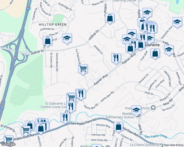 map of restaurants, bars, coffee shops, grocery stores, and more near 476 Colina Way in El Sobrante