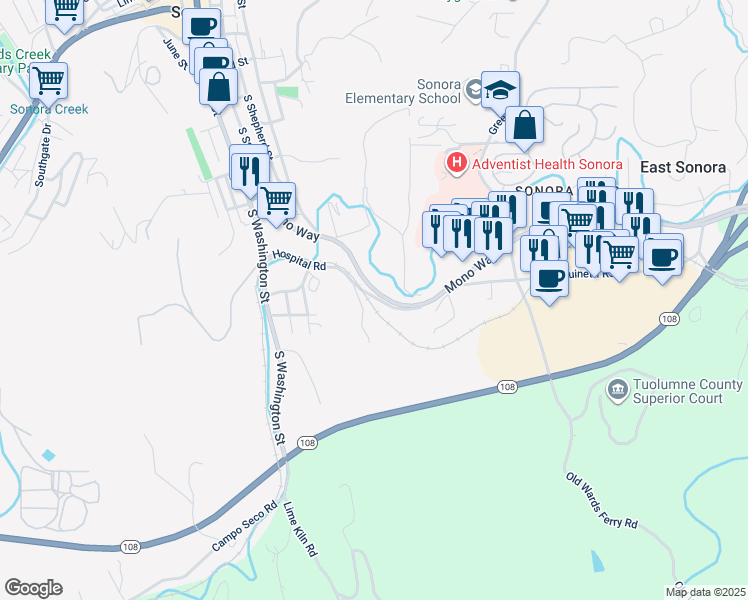 map of restaurants, bars, coffee shops, grocery stores, and more near 323 Hospital Road in Sonora
