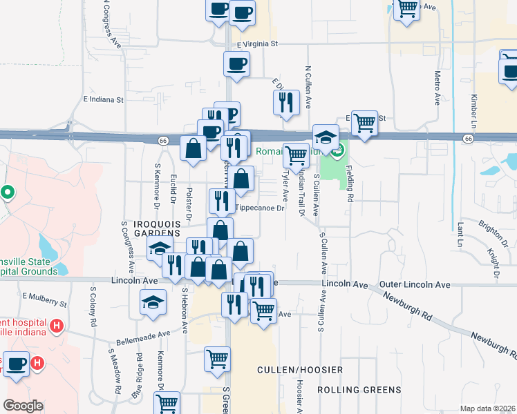 map of restaurants, bars, coffee shops, grocery stores, and more near 4963 Tippecanoe Drive in Evansville