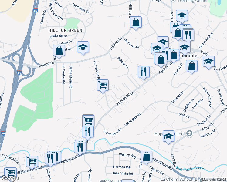 map of restaurants, bars, coffee shops, grocery stores, and more near 476 Colina Way in El Sobrante