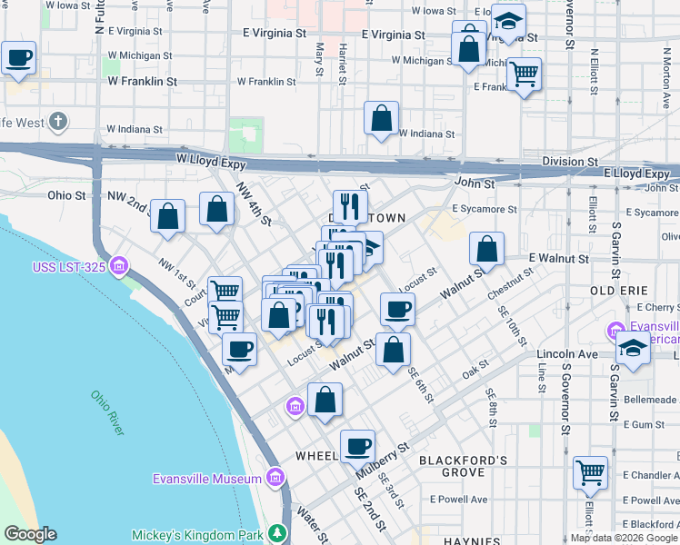 map of restaurants, bars, coffee shops, grocery stores, and more near 22 Northwest 6th Street in Evansville